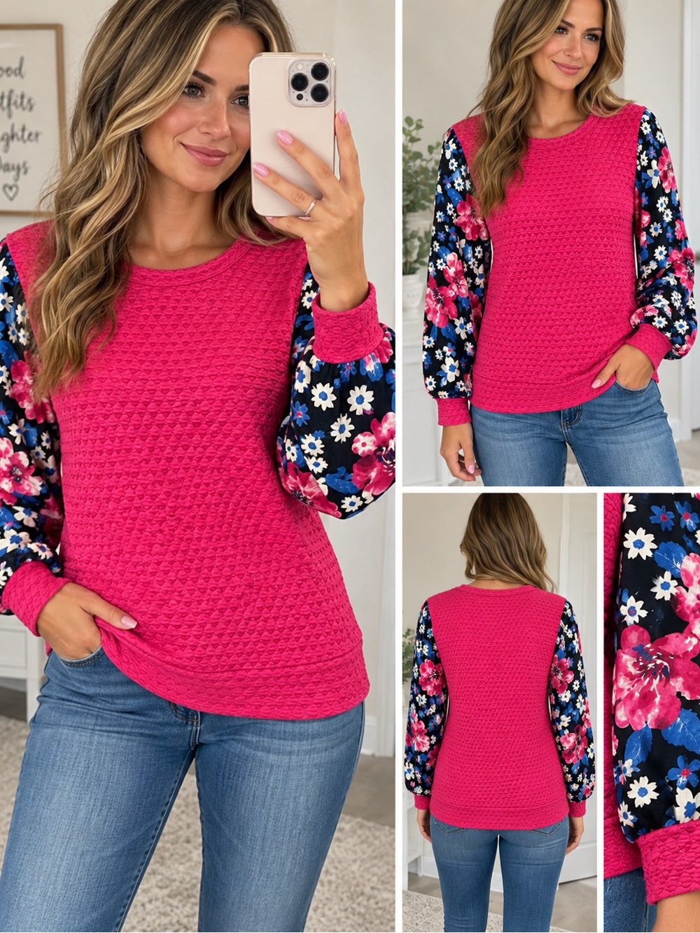 LuLaRoe Fuchsia Floral Sleeve Textured Knit Top Size M